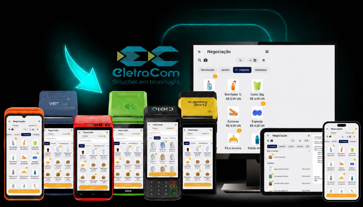 EletroCom PDV - Sistema funcionando em diversos dispositivos e máquinas de cartão